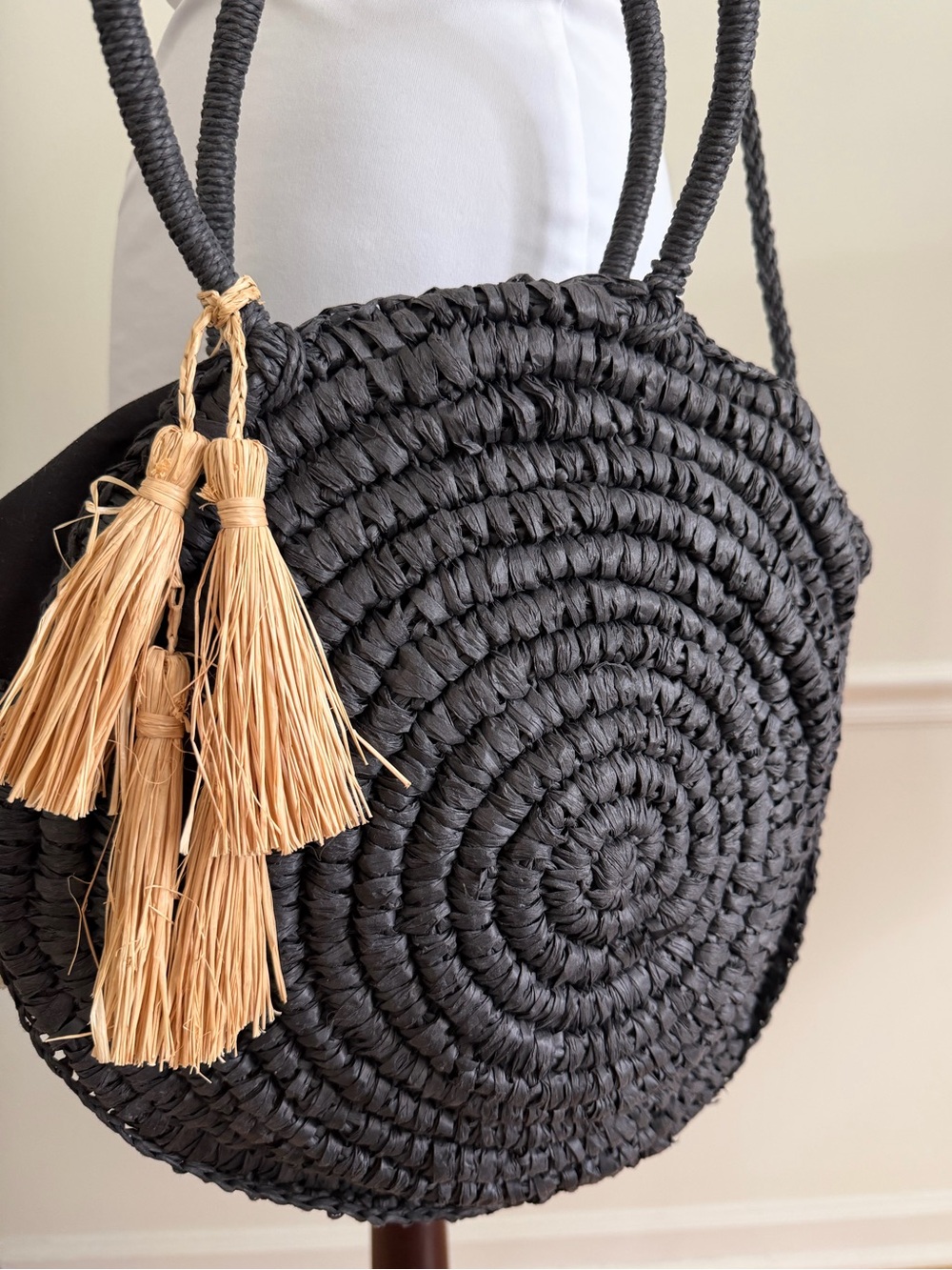 Straw Studios Black Round Raffia Circle Tote Bag Crossbody Purse with Tassels